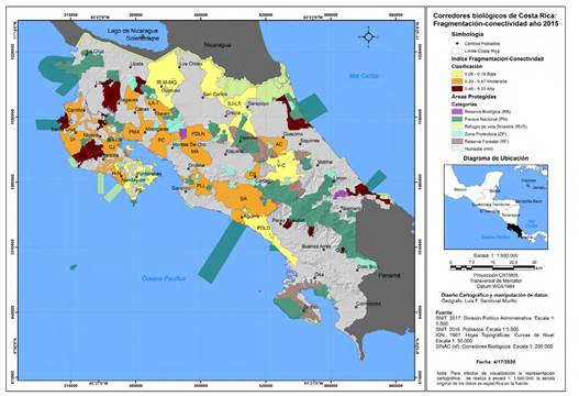 Mapa de los Corredores Biológicos de Costa Rica: Índice de Fragmentación-Conectividad (2015).
