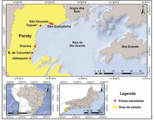 Localiza&ccedil;&atilde;o do litoral abrigado de Paraty e das praias caracterizadas para o presente estudo.
