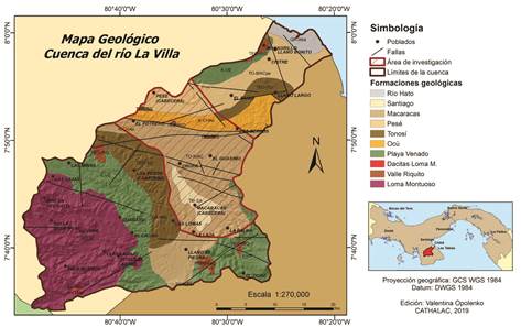 Mapa geol&oacute;gico de la cuenca del r&iacute;o La Villa y del &aacute;rea de investigaci&oacute;n.