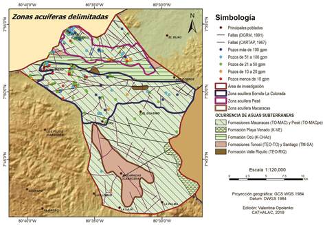 Localizaci&oacute;n de pozos y zonas acu&iacute;feras en la parte media y baja de la cuenca.
