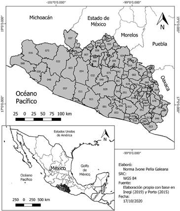 Localizaci&oacute;n del &aacute;rea de estudio: Estado de Guerrero, M&eacute;xico.