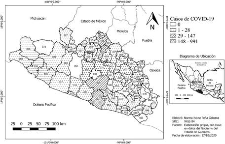 Distribuci&oacute;n municipal de los casos positivos de COVID-19 en el estado de Guerrero, M&eacute;xico, al 28 de mayo de 2020