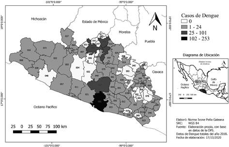Distribuci&oacute;n municipal de los casos confirmados de dengue en el estado de Guerrero, M&eacute;xico, en el a&ntilde;o 2018