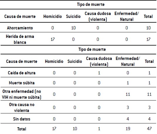 Causas de muerte bajo custodia según tipo de muerte en 2017 