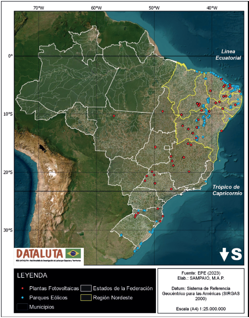 Plantas fotovoltaicas y parques e�licos por municipio, con destaque de la regi�n nordeste, Brasil, 2023