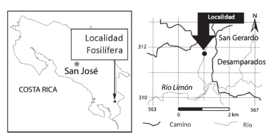 Mapa de ubicaci&oacute;n de la localidad fosil&iacute;fera de San Gerardo de Limoncito.