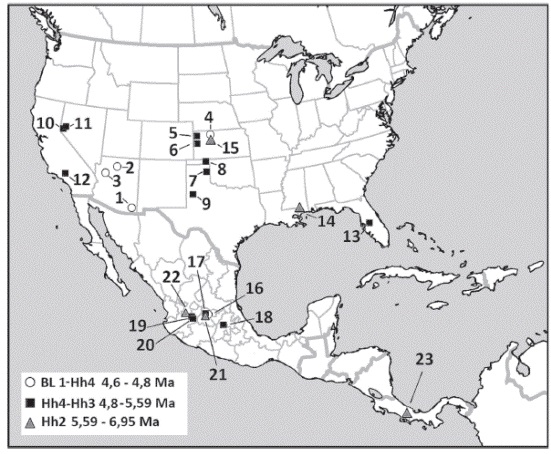geogr&aacute;fica y temporal de Hemiauchenia vera Matthew, 1909, espec&iacute;menes procedentes de localidades de: Estados Unidos, l&iacute;mite Bl1-Hh4: 1. Matthews Wash y Comosi Wash, Santa Cruz County; 2. Anita Site, Coconino County y 3. Wikieup, Mojave County, todas en la cuenca del r&iacute;o Gila, Arizona, 4. Ogallala Group (Loup Fork) cerca de Long Island, Phillips County; localidades de edad Hh4 y Hh3: 5. de Rhino Hill Quarry, Edson Quarry y West Quarry en Sherman County y 6. noreste de Wallace County, Kansas; 7 Coffee Ranch en Hemphill County y 8. Smart Ranch, Lubbock County, Texas; 9. Buis Ranch, Beaver County, Oklahoma; 10. Hoye Canyon en Douglas County y 11. Silver Spring y Yerington en Lyon County County, Nevada; 12. Horned Toad Hills, Desierto de Mojave, California; 13. Bone Valley, Palmetto y Phosphoria Mine, Polk County, Florida; localidades de edad Hh2: 14. Mauvilla, Mobile County, Alabama, 15. Minimum Quarry, Graham County, Kansas. M&eacute;xico, l&iacute;mite Bl1-Hh4: 16. Rhino Layer y Rancho El Ocote, en la Cuenca de San Miguel Allende, Guanajuato; localidades de edad Hh4 y Hh3: 17. Coecillos, tambi&eacute;n, en la Cuenca de San Miguel Allende, Guanajuato; 18. Localidad de La Plegaria, Tepeji del R&iacute;o, Hidalgo; 19. Santa Mar&iacute;a y 20. La Hacienda, Cuenca de Tecolotl&aacute;n, Jalisco; localidades de edad Hh2: 21. La Presa, Cuenca de San Miguel Allende, Guanajuato y 22. Santo Domingo, Cuenca de Colotl&aacute;n-Tlaltenango, Zacatecas. Hh2 de Am&eacute;rica Central: 23. San Gerardo de Limoncito, Formaci&oacute;n Curr&eacute;, Puntarenas, Costa Rica.