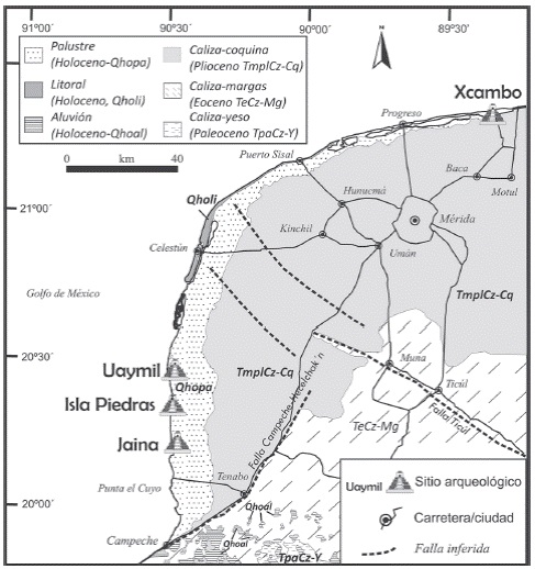 Mapa de localizaci&oacute;n de sitios del litoral noroccidente de la pen&iacute;nsula de Yucat&aacute;n, (base geol&oacute;gica modificada de: SGM, 2007).