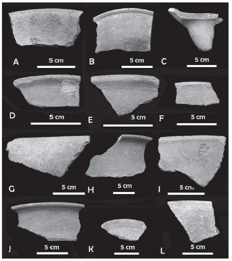 Cer&aacute;mica Baca (a-f) y Cer&aacute;mica Nimun (g-l). a) 8003-B (Xcamb&oacute;), b) 8006-B (Jaina), c) 8030 (Uaymil), d) 8022-B (Xcamb&oacute;), e) 8038-B (Isla Piedras), f) 8043-B (Jaina), g) 8005-N (Xcambo), h) 8034-N (Uaymil), i) 8020-N (Xcamb&oacute;), j) 8033-N (Isla Piedras), k) 8041-N (Jaina), l) 8040-N (Jaina).