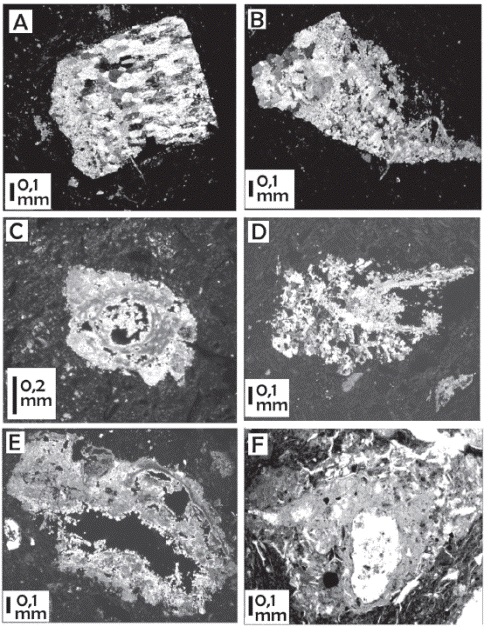 Calcita recristalizada: a) Esparita con f&aacute;brica laminada y h&aacute;bito prism&aacute;tico. b) Esparita y microesparita, n&oacute;tese que la esparita se encuentra en el centro y la microesparita tiende a concentrarse como una pel&iacute;cula en el borde. c) relleno de poro, con cristalizaci&oacute;n inicial de micrita conc&eacute;ntrica, culminando la cristalizaci&oacute;n, con calcita fibrosa muy fina. d) Toba vitrocl&aacute;stica con cemento calc&aacute;reo secundario, el cual invade los fragmentos y los reemplaza parcialmente con micrita y microesparita. e) relleno de poro, microgeoda: pel&iacute;culas de micrita, microesparita, se observan al menos dos generaciones de calcita, la &uacute;ltima generaci&oacute;n representa cristales aciculares de calcita, cementan fragmentos de vidrios, observ&aacute;ndose un reemplazo parcial. f) relleno de poro, pel&iacute;culas de micrita que a su vez engloban esquirlas de vidrio reemplaz&aacute;ndolas parcialmente.