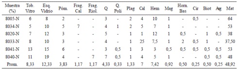 An&aacute;lisis petrogr&aacute;fico semicuantitativo. Porcentaje de componentes detr&iacute;ticos y matriz. Secciones delgadas Nimun