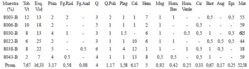 An&aacute;lisis petrogr&aacute;fico semicuantitativo. Porcentaje de componentes detr&iacute;ticos y matriz. Secciones delgadas Baca