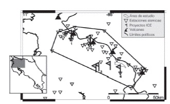 Mapa de ubicación del área de estudio, estaciones sísmicas y proyectos del ICE. Símbolos numerados corresponden con los siguientes proyectos ICE: 1. Centro de Producción Pailas, 2 Centro de Producción Miravalles 3 Centros de Producción ARCOSA.