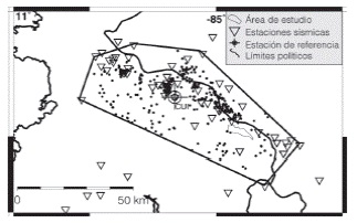 Ubicación de los 475 sismos dentro del área de estudio con las estaciones utilizadas para su localización y la estación de referencia CUI.