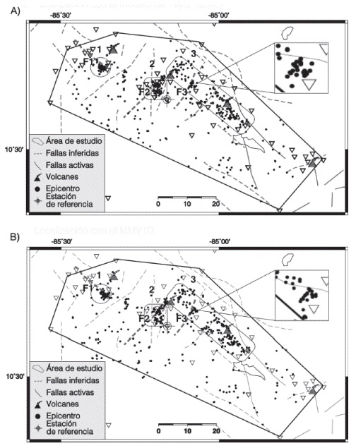 Mapas de sismicidad. A.) Sismos localizados con el modelo de Taylor (2000) B.) Sismos localizados a partir del MMV1D. Zonas numeradas señalan grupos de epicentros mencionados en el texto. F1, F2 y F3 señalan fallas inferidas mostradas en Denyer et al. (2003) que podrían asociarse con la sismicidad de las zonas numeradas.