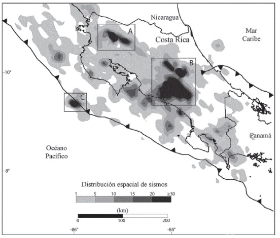 Distribución espacial de la sismicidad del 2015. Las zonas A, B y C corresponden con las zonas que presentaron la mayor cantidad de sismos.