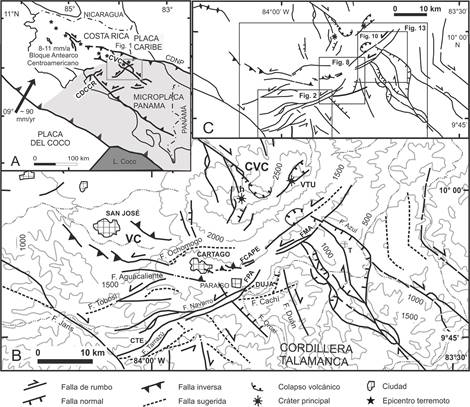A: Mapa del contexto tectónico regional de Costa Rica. Se muestra el Cinturón Deformado del Centro de Costa Rica (CDCCR) y el Cinturón Deformado del Norte de Panamá (CDNP). La flecha rellena en negro muestra la velocidad relativa entre las placas del Coco y Caribe y la flecha sin rellenar corresponde con la velocidad obtenida por Noruega et al. (2004) y Feng et al. (2012) para el bloque del Antearco Centroamericano. El rectángulo gris muestra el área que cubre la Fig 1B. CVC es la Cordillera Volcánica Central. B: Mapa muestra el sistema de falla Navarro y otras fallas localizadas dentro del sector central-este del CDCCR. VC, CTE y DUJA, son respectivamente el Valle Central, la cuenca de tracción Estrella y la depresión tectónica Ujarrás. FPA, FCAPE y FMA son respectivamente las fallas Paraíso, Capellades y Maravilla, h y VTU son respectivamente los volcanes Irazú y Turrialba. C. Mapa de ubicación de las áreas que cubren las Figs. 2, 8, 10 y 13.