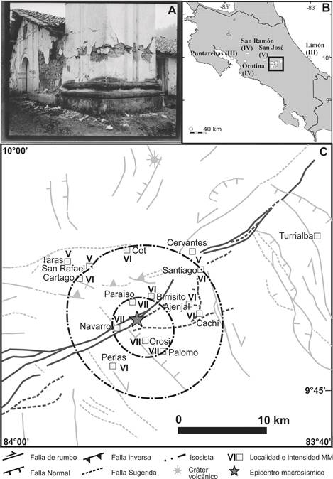 A. Daños en la iglesia de Orosi ocasionados por el terremoto del 22 de agosto de 1951 (Fotografía de Rodolfo Carrillo). B. Mapa de localidades distantes con datos de intensidad del terremoto de 1951. El recuadro muestra la zona mostrada en la parte C. C. Mapa de isosistas de la zona mesosísmica del terremoto de 1951. El valor de intensidad Mercalli Modificada (MM) estimado se muestra para cada localidad (Cuadro 2). Las trazas relacionadas con el sistema de falla Navarro se muestran en gris oscuro y el resto de fallas de la zona en gris claro.