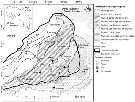 Descripción del área de estudio incluyendo principales formaciones hidrogeológicas, puntos de muestreo (codificación por color y símbolo), límites provinciales, principales ríos, fallas (Atlas Digital de Costa Rica, 2014), y el límite sugerido del acuífero Barva (línea roja) (Reynolds y Fraile, 2009) y límite del margen derecho de la cuenca del Río Virilla.