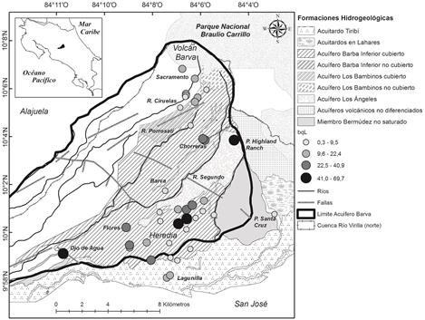 Variación espacial de la concentración de 222Rn (Bq/L) en agua subterránea, superficial y en la red de abastecimiento de agua potable.