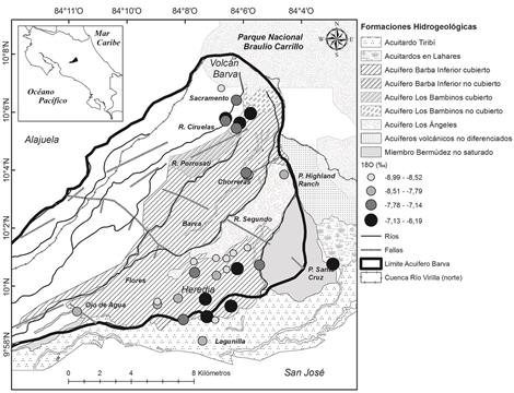 Variación espacial de la composición de δ18O (‰) en agua subterránea y superficial.