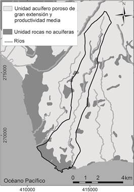 Mapa hidrogeológico en la zona de estudio. (Fuente: ANDA-COSUDE, 2008).