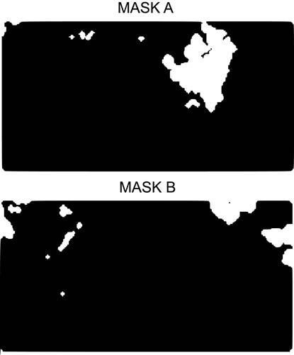 Masks A and B shown for different Landsat 8 images. Clouds are shown in white and clear sky values in black.
