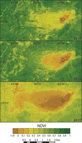 NDVI images generated with Landsat 8 for years 2014, 2016, and 2017. The affected zone with NDVI values lower than 0.2 is shown in brown colors. Coordinates are shown in WGS84.
