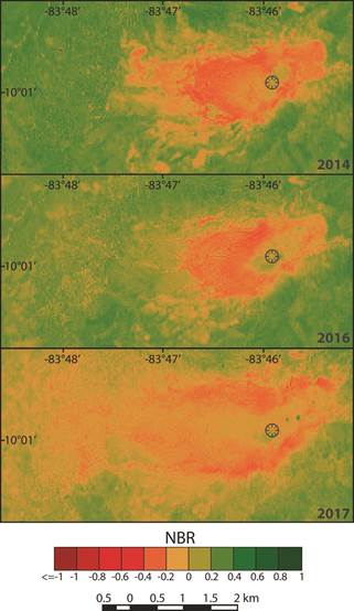 NBR images generated with Landsat 8 for years 2014, 2016, and 2017. The affected zone with NBR values lower than 0 is shown in orange/red colors. Coordinates are shown in WGS84.