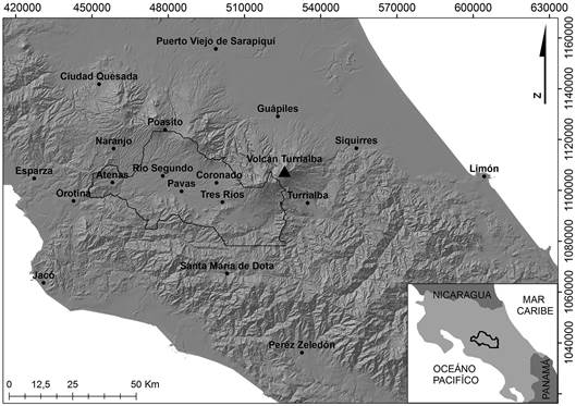 Ubicaci&oacute;n del volc&aacute;n Turrialba, la Gran &Aacute;rea Metropolitana y las principales ciudades y poblados con reportes por ca&iacute;da de ceniza.
