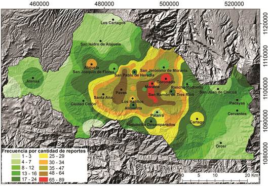 Mapa de isofrecuencia por ca&iacute;da de ceniza seg&uacute;n los reportes por poblados localizados en la GAM, periodo 2010 - 2017.