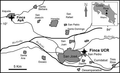 Ubicación de las pruebas de infiltración (estrellas). Se indican algunas poblaciones, ríos y carreteras principales