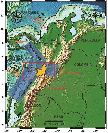 Caracter&iacute;sticas tect&oacute;nicas de la zona de convergencia entre la placa Nazca y Sudamericana en Colombia. Los valores de movimiento relativo de las placas son de acuerdo a los datos GPS. Los rect&aacute;ngulos en azul corresponden a la segmentaci&oacute;n de la zona de subducci&oacute;n; el rect&aacute;ngulo en rojo indica la zona de estudio; el pol&iacute;gono naranja corresponde a la regi&oacute;n del Valle del Cauca y los tri&aacute;ngulos en rojo a los volcanes activos.