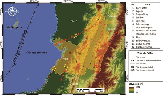 El pol&iacute;gono en color naranja corresponde al departamento del Valle del Cauca y las l&iacute;neas rojas a las principales fallas de esta regi&oacute;n (Modificado de USGS, 2000; Nivia, 2001).