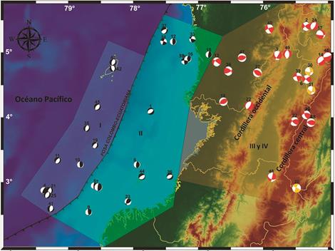 Localizaci&oacute;n de los mecanismos focales de los terremotos utilizados en este estudio. Se muestran cuatro ambientes tect&oacute;nicos determinados por los pol&iacute;gonos sombreados. Los mecanismos focales en naranja corresponden al ambiente III y en rojo al ambiente IV (modificado de Salcedo y P&eacute;rez, 2016).
