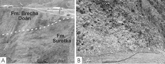 A) Estratificaci&oacute;n en el conglomerado en el talud de margen derecha del sitio de presa Reventaz&oacute;n. B) Orientaci&oacute;n de clastos en el talud de margen izquierda del sitio de presa.