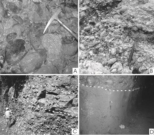 Conglomerado fino con escaza cantidad de matriz. B) Conglomerado muy fino con gradaci&oacute;n inversa hacia un conglomerado medio. C) Lente de arenisca en talud MI del sitio de presa del PHR de 1,5 m de espesor. D) Lente de arenisca menos litificado.