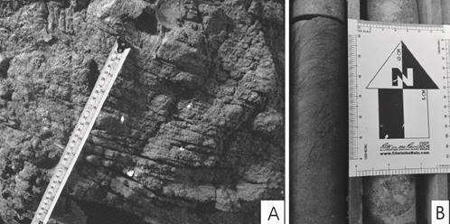 Laminaci&oacute;n paralela en lente de arenisca en la Galer&iacute;a 140 MI de la planta hidroel&eacute;ctrica Reventaz&oacute;n. 6B) Laminaci&oacute;n cruzada en n&uacute;cleo de perforaci&oacute;n de lente de arenisca.