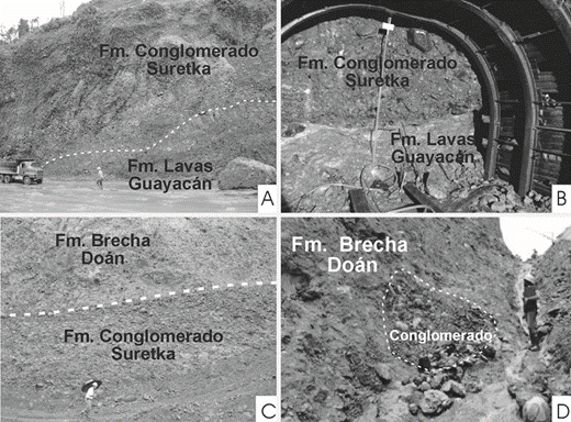 A) y B) Contacto inferior de Fm Suretka con Fm Guayac&aacute;n en excavaciones subterr&aacute;neas y taludes del sitio de presa de la planta hidroel&eacute;ctrica Reventaz&oacute;n. C) Contacto superior con Fm Do&aacute;n en talud de vertedero de excedencias de planta hidroel&eacute;ctrica Reventaz&oacute;n. D) Bloque de conglomerado inmerso en la formaci&oacute;n Do&aacute;n.