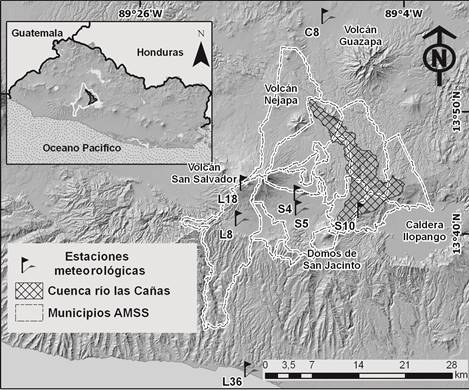 Ubicaci&oacute;n de la zona de estudio y estaciones meteorol&oacute;gicas. Estaciones meteorol&oacute;gicas de Ilopango (S10), Boquer&oacute;n