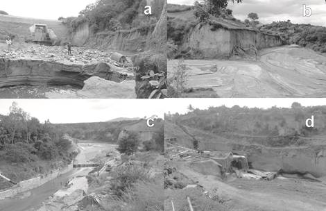 Problemas de denudaci&oacute;n y situaci&oacute;n de laderas de los r&iacute;os y quebradas. En (a) y (d) se muestra erosi&oacute;n retrograda en obras de paso.