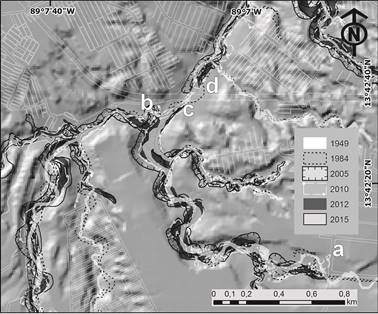 Cambios geomorfol&oacute;gicos por a&ntilde;o, que corresponden a la parte alta de la cuenca r&iacute;o Las Ca&ntilde;as. Se se&ntilde;alan puntos de ubicaci&oacute;n de Fig. 3.