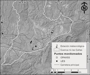 Puntos de monitoreo y su ubicaci&oacute;n respecto a la cuenca del r&iacute;o Las Ca&ntilde;as. OPAMSS: Oficina de Planificaci&oacute;n del &Aacute;rea Metropolitana de San salvador y UES: Universidad del El Salvador