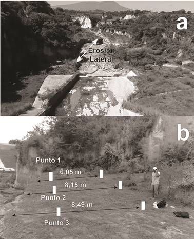 Erosi&oacute;n lateral acaecida durante periodo de monitoreo (punto 5 de Fig. 5); adem&aacute;s se muestra la distribuci&oacute;n de pines en el punto 5.