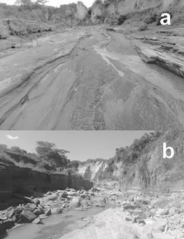 Cambios en la profundizaci&oacute;n y ensanchamiento del cauce aguas abajo del punto de monitoreo 5, entre mayo y diciembre de 2015.