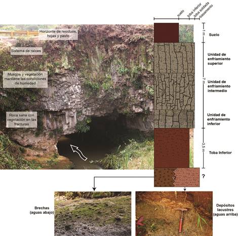 Delimitaci&oacute;n de las unidades de roca que constituyen el Puente de Piedra. La capa superior de suelo, es resultado de la meteorizaci&oacute;n de cenizas y la ignimbrita generada por las condiciones de humedad, temperatura y actividad biol&oacute;gica de insectos y plantas principalmente.