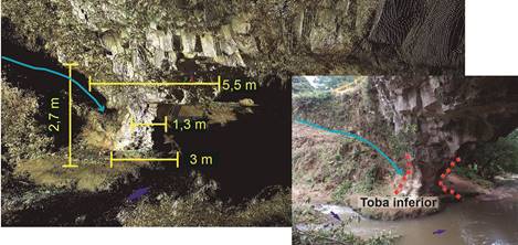 Adelgazamiento en el margen izquierdo, debido a la erosi&oacute;n del r&iacute;o y la escorrent&iacute;a que desciende por los m&aacute;rgenes del macizo que afectan directamente a la unidad de tobas inferior.