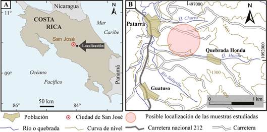 Localización aproximada de la cantera, donde fueron extraídas las muestras. A) Mapa general de Costa Rica con coordenadas geográficas. B) Mapa de detalle con coordenadas CRTM-05.