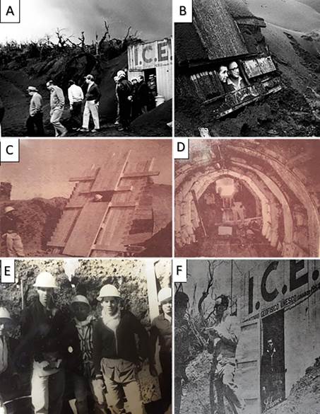 Refugio antibalístico volcánico construido por el ICE en febrero-marzo de 1964, tanto en su entrada (A, F), frente (B y C), donde el presidente de la República de ese entonces, don Francisco Orlich, junto al embajador de EE.UU., observan el cráter Activo. La parte interna del refugio (D) durante su construcción, junto con los trabajadores del ICE (E). Fotografías cortesía de Yehudi Monestel, Federico Gutiérrez y Gilberth Solano, el segundo más alto en la fotografía E.