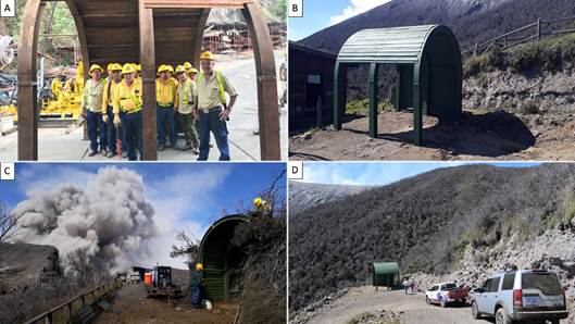 Ejemplo de algunos de los refugios antibombas, construidos en las instalaciones del ICE de la Garita (A), durante su proceso constructivo, e instalación y finalización en el volcán Turrialba (B, C y D).